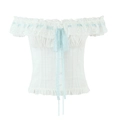 White off-shoulder French style blouse with light blue lace trim and floral embroidery - S / White