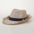 Dettaglio cappello di paglia beige con nastro blu scuro e bordi con frange - M(56-58cm) / Cachi