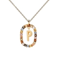 Detail of gold necklace with oval P letter pendant featuring colorful zircon stones - Letter P