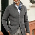 Men's grey slim fit knit cardigan with stand collar and textured cable knit pattern - S / Tops / Dark Gray