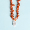 Irregular red-orange natural stone bead necklace with large white pendant charm - Red Agate Pearl