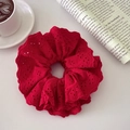 Elegant bright red eyelet lace scrunchie with intricate floral embroidery details - Four-layer Elastic Style / Red