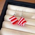 Elegant red and white striped fabric tassel earrings with silver hooks in a jewelry box - Red White Striped Fabric Fan (28# Ear Hook)