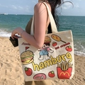 Off-white canvas tote bag with burger and cat cartoon print, large capacity style - Burger Cat
