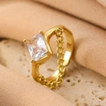 Fashion gold bow-style ring with square clear zircon and delicate chain detail - Gold Square Zirconia Chain Ring (4550)