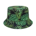 Detail view of tropical green palm leaf print on a black reversible sun bucket hat - M (56-58cm) / Black