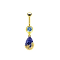 Macro di piercing all'ombelico dorato con pietra tonda azzurra e gemma a goccia blu - Fiore in Zirconia Blu Dorata (BR24011004)
