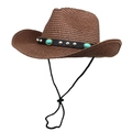 Brown straw cowboy hat with turquoise beads and black band for outdoor sun protection - M (56-58cm) / Coffee