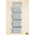 Detail view of 4-tier wall-mounted gray storage organizer with clear windows and hooks - 4 Compartments / Gray