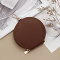 Mini round dark brown litchi grain coin purse with gold zipper and hook accessory - Brown