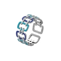 Eleganter verstellbarer quadratischer Gliederring mit blau-weißem Emaille-Finish - Einstellbar Offen / Stahlfarbe