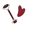 Dual roller facial massager and heart guasha set in red agate finish with metal accents - Rose Red (Roller And Heart Scraper)