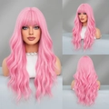 Long wavy pink wig with bangs for women shown in front side and back view angles - 64cm / Sakura Pink