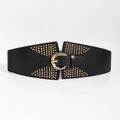 Women black elastic wide belt with gold rivets and round buckle decoration - Black
