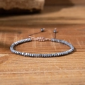 Men's dark grey hematite bead bracelet with faceted cut and adjustable woven cord - 25121101-Style 5 Metallic Grey