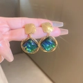 Golden vintage square drop earrings with green and blue shimmering resin inlays - 62# Silver Pin - Gold Color - Green