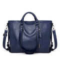 Dettaglio borsa tote in pelle blu con cerniera argentata e tracolla rimovibile - Blu scuro