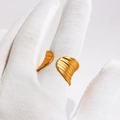 Artistic golden wave leaf open ring with handmade texture and matte finish on white background - Adjustable Open / Matte Gold