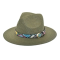 Close-up of olive green straw fedora with colorful patterned band and gold buckle - M (56-58cm) / Dark Green