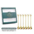 Christmas gift set featuring six golden leaf shaped titanium spoons in a festive green box - 16cm Gold Leaf Spoon 6-Piece Set (Christmas Green Gift Box)