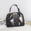Mini shell-shaped bag in black with vintage pattern and scarf-wrapped handle - Coffee