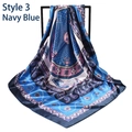 Navy blue satin square scarf with vintage paisley patterns and a glossy silk-like finish - Navy Blue