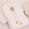 Elegant gold camellia pendant necklace with pearl center and hanging heart tassels - Flower Style (2#Flower)