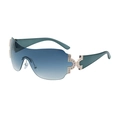 Y2K rimless wrap sunglasses with gradient blue lenses and green rhinestone temples - C7 Gold Blue Gray Gradient