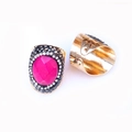 Detail of rose red agate ring with golden hammered texture and small rhinestones - Bright Pink