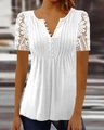 Detail of white V-neck top showing lace hollow cuffs and elegant pleated button design - S / Tops / White