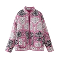 Detailed view of quilted cotton jacket with vintage cat and floral print on white background - XS / Rose Red Flower