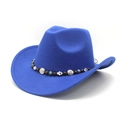 Detail of royal blue felt cowboy hat with ethnic beads and Hamsa hand charm decoration - M (56-59cm) / Blue