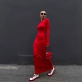 Tight red high waist elastic long dress with long sleeves for women street style - S / Red