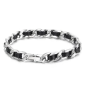 Cuban chain bracelet with black woven leather strap and silver stainless steel clasp - 19cm