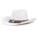 Witte linnen Panama strohoed met bohemian turquoise kralenband en zonbescherming - M(56-58cm) / Wit