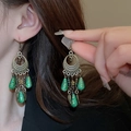 Bohemian bronze leaf earrings with green waterdrop beads and vintage ethnic tassels - 31# Hollow Semicircle Green Teardrop (Bronze-Green)