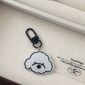 Cartoon witte hond acryl sleutelhanger met zwarte karabijnsluiting in een doosje - Bichon frisé