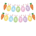 Happy Easter banner with colorful egg shapes, cute rabbit ears and carrot accents - Happy Easter Rabbit Egg Style / Colorful