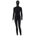 Detail eines schwarzen Glitzer-Jumpsuits mit Kapuze und langen Ärmeln an der Puppe - S / Pailletten-Langarm-Jumpsuit mit Maske / Schwarz