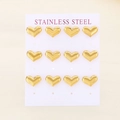 Flat lay of 12 pieces 18K gold plated stainless steel heart stud earrings on a card - 6 Pairs/Card / Gold Style (KE116838-HR)