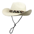 Detail of woven straw hat featuring bohemian shell band and adjustable wind rope - M (56-58cm) / Creamy White