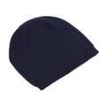 Close-up of navy blue knit beanie showing fine ribbed texture and double-layered cuff detail - Navy Blue
