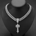Ciondolo a spada d'argento con strass su catena cubana per moda uomo hip-hop - Pendaglio argentato con catena cubana da 18 pollici