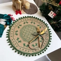 Jute Christmas placemat with green pom-pom fringe and festive tree prints - Style 2 Green (Pom-poms)