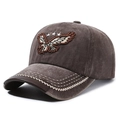 Retro washed cotton baseball cap in dark brown with eagle embroidery and leather brim detail - Coffee