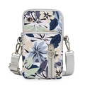 Crossbody phone bag in blue floral oxford fabric with adjustable strap and earphone port - Grey Background Leaves