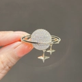 Elegant gold Saturn planet brooch with sparkling pavé crystals and star-shaped charms - 344# Planet