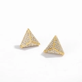 Detailed view of pyramid shaped gold stud earrings featuring paved white cubic zirconia - Golden 3D Triangle Earrings