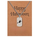 Halloween stainless steel tag necklace featuring a witch silhouette on card packaging - Witch Silhouette (D0939-1)