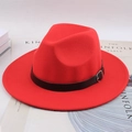 Classic red wool felt fedora hat featuring a black leather band and wide wavy brim - Flat Brim With Regular Leather Belt / Red
